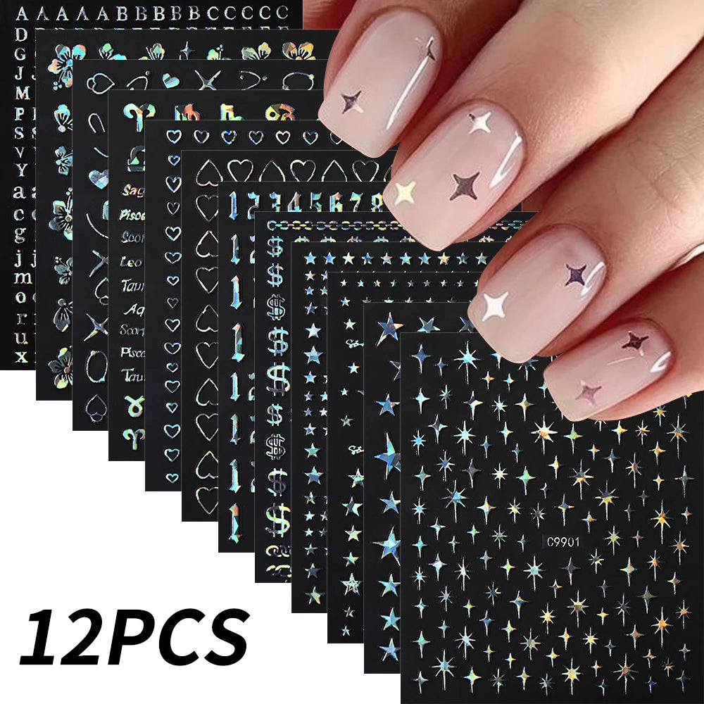12pcs Bronzing Laser Star Nail Stickers 3D Alphabet/Heart/Flower Nail Art Self-Adhesive Sliders DIY Gradient Manicure Y2K Decals