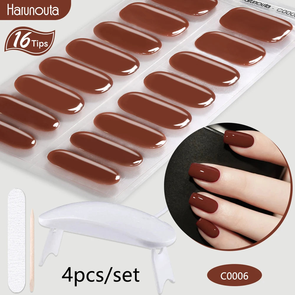 Harunouta 4pcs/set Gradient Jelly Semi Cured Gel Nail Strips with Nail Lamp Nude Pink Waterproof Nail Stickers Long Lasting Wrap