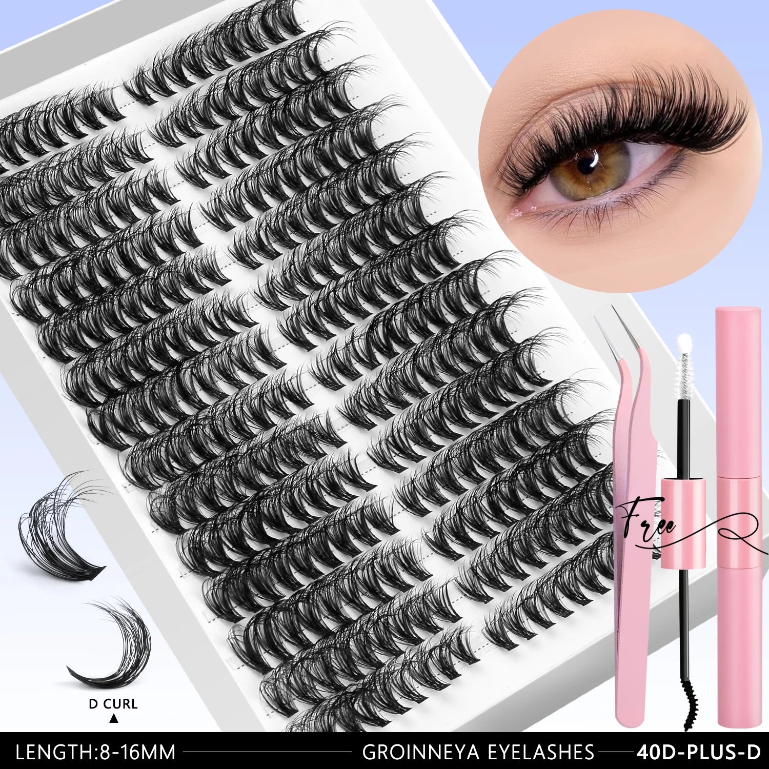 GROINNEYA DIY Eyelash Extension Kit Lashes Clusters Set Mix Eyelashes Full Set With Lash Bond&Seal and Eyelash Tweezers Makeup