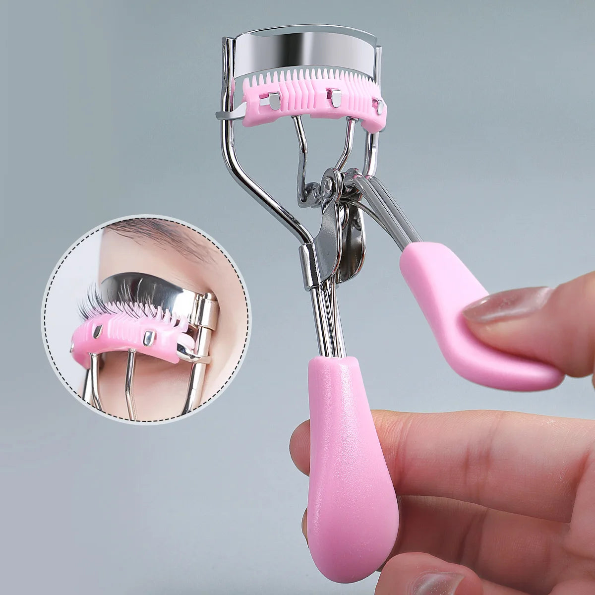 Portable eyelash curler with 5 silicone pads, pink stainless steel with comb curling tool for eyelash extension, eyelash curler