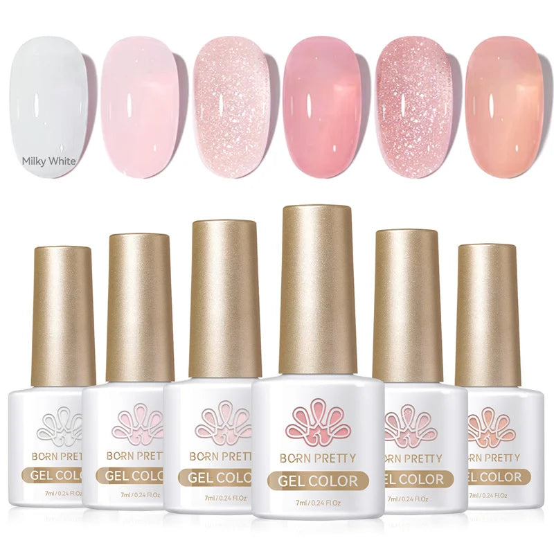 BORN PRETTY 6pcs Crystal Amber Gel Nail Polish Set Jelly Pink Nude Winter Semi Permanent Soak Off UV LED Varnish Manicure Kits