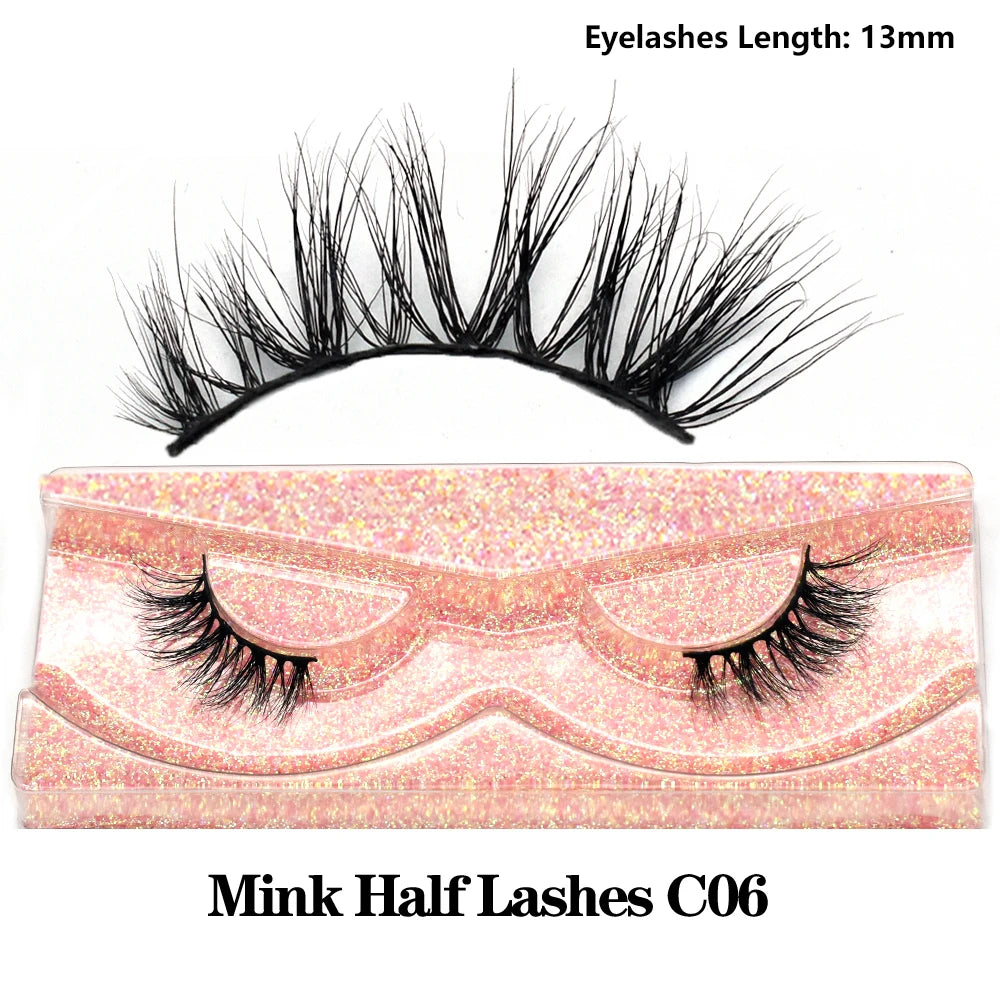 3D Mink Fluffy Half False Eyelashes Natural Soft Lightweight Clear Band Half Eye Strip Lashes Reusable Short Eyelashes Extension
