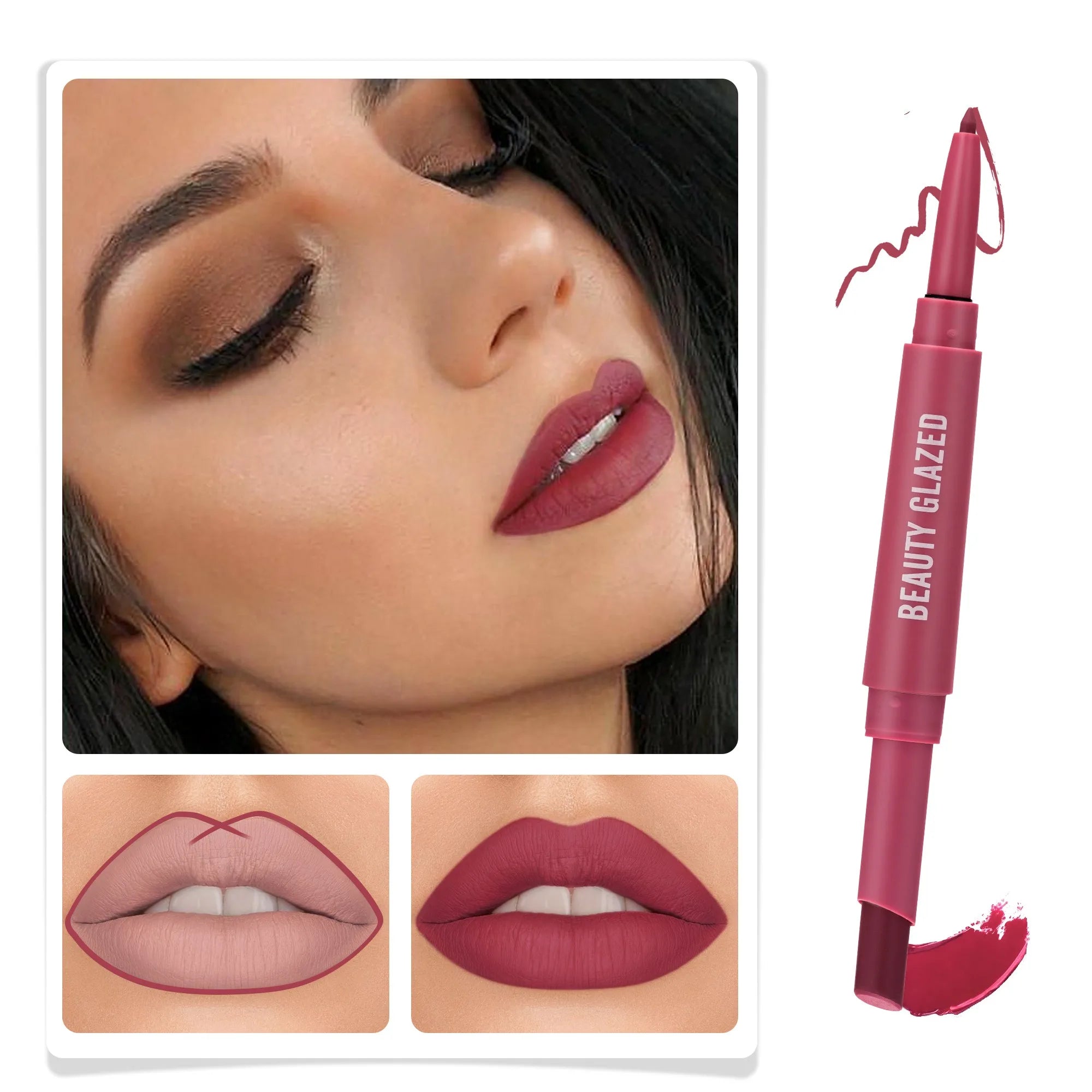 Lip Liner And Lipstick Pen, 2-in-1 Double-headed Lipstick Set , Waterproof Long Lasting Matte Lipstick Gift, Suitable For Daily