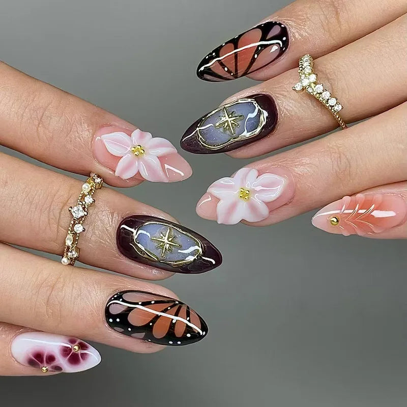 24Pcs 3D Strawberry Rabbit Flower Fake Nails Press on Mid-length Almond Wearable False Nails Green Gradient Pearl Manicure Tips