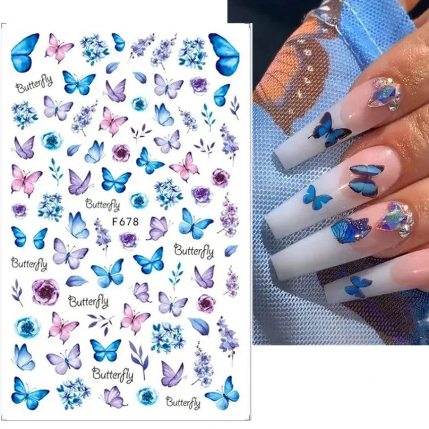 Elegant Butterfly Nail Manicure Stickers Blue Butterflies Leopard Retro Flowers Adhesive Decal Wedding Charm Manicure Tips
