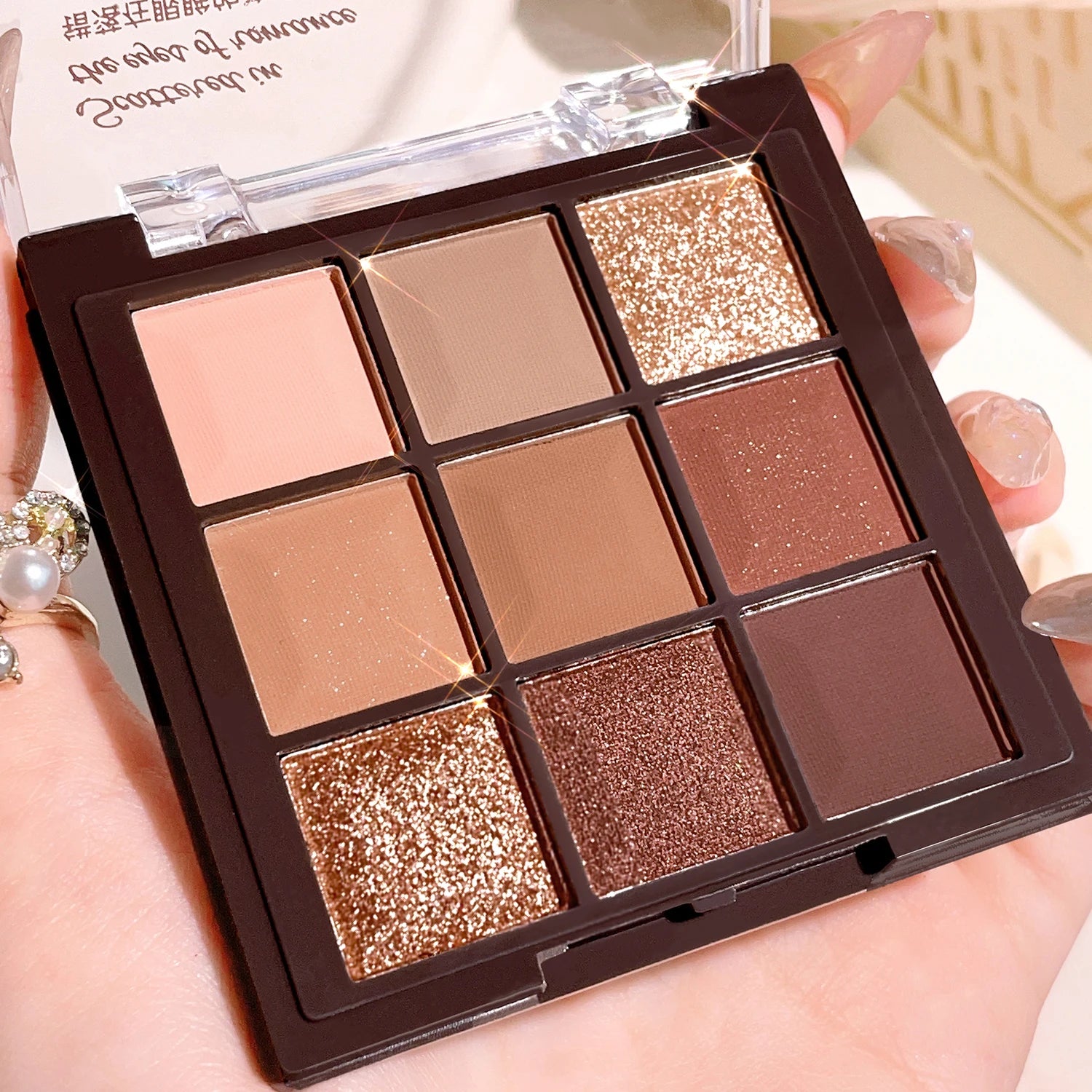 Mocha Chocolate Eyeshadow Palette - 9 brown, nude and gold shades in matte, natural and shimmer finishes, perfect for music fest