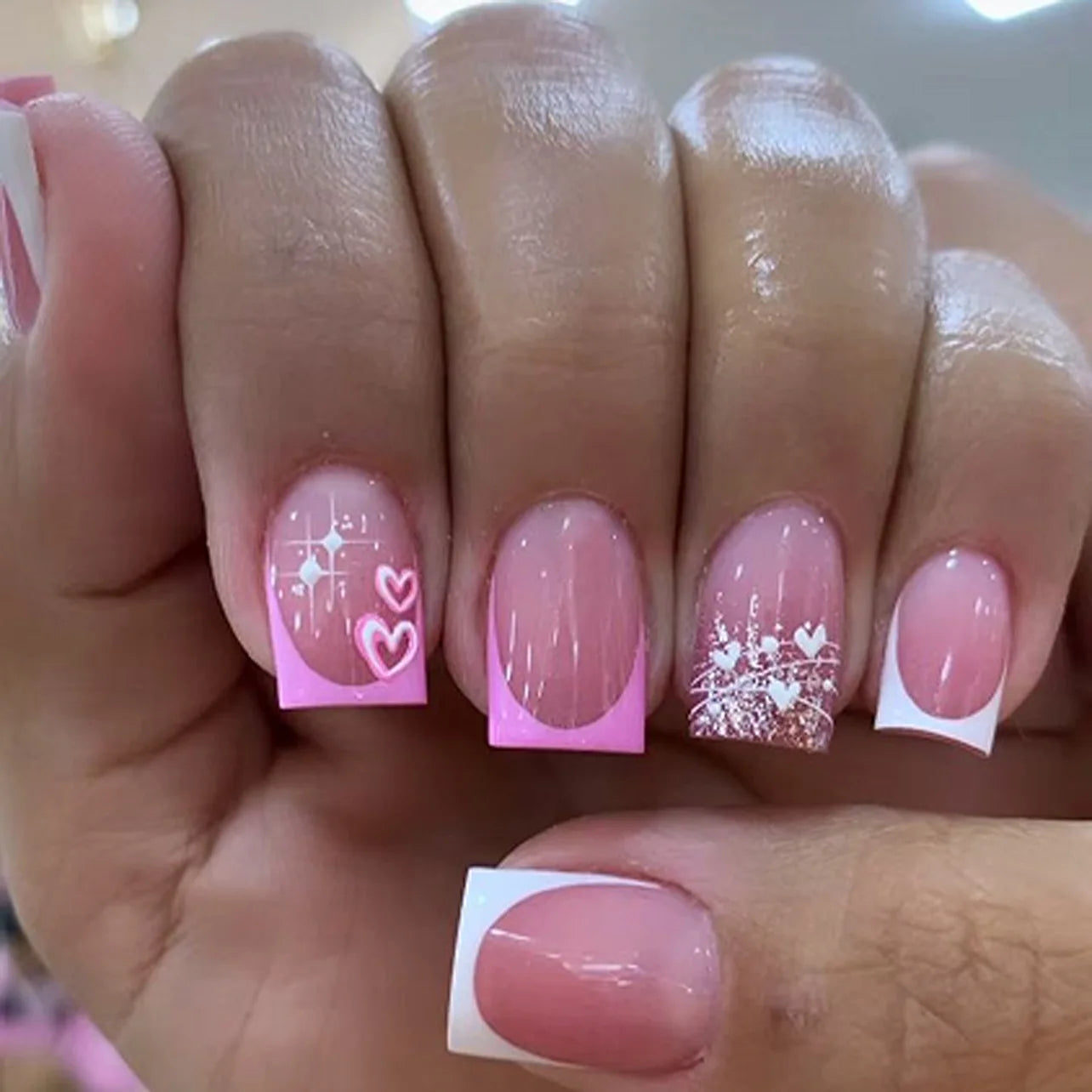 24pcs Sweet Cool False Nails Gradient French Fake Nail Tips with Purple Flowers Design Short Square Press on Nails Colorful Nail