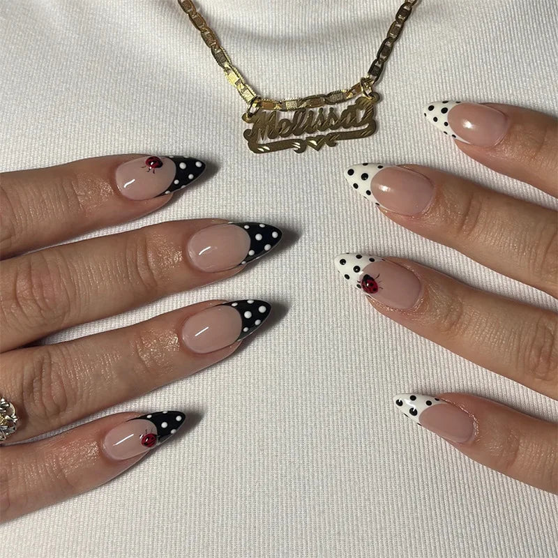 24PCS Wine Red Almond Press on Nails Cartoon Rabbit Bowknot with Plaid Pearl Designs French Fake Nails for Girls Detachable Nail