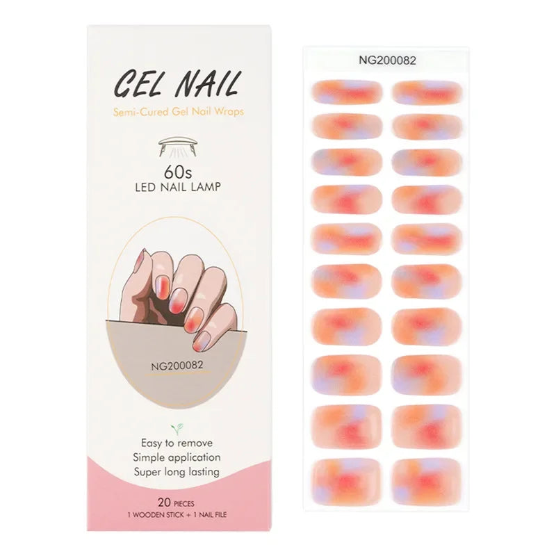 16/20Tips Semi-Cured Nail Wraps Simple Color Adhesive Full Cover Stickers for Nails UV Lamp Need Press On Nails DIY Manicure