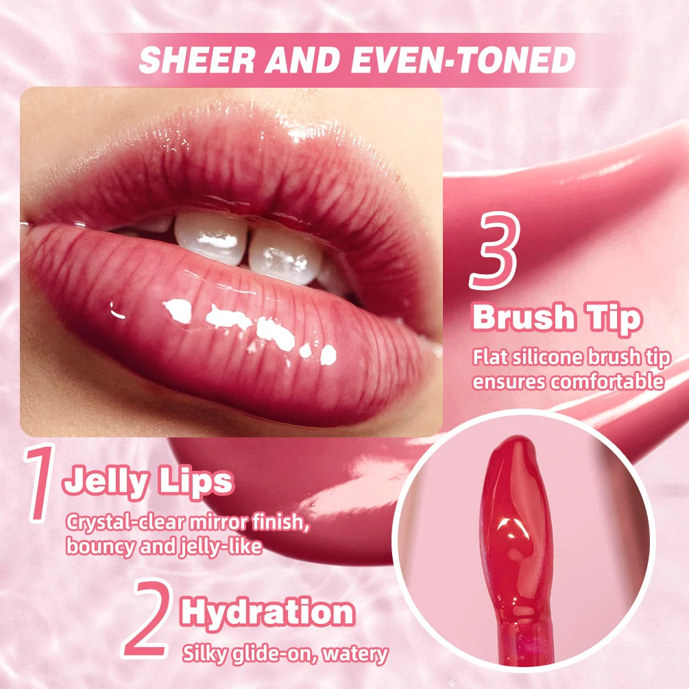 QIBEST Mirror Pearl Jelly Lipgloss Moisturizing Lasting Lipstick Hydrating Lightweight Lip Glaze Watery Crystal Lip Tint Makeup