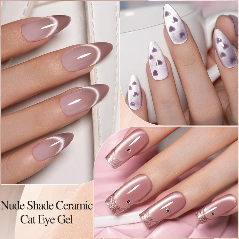 PUENTE 7.5ML Nude Shade Ceramic Cat Eye Gel Nail Polish Shiny Moonlight Cat Eye Gel Soak Off UV Semi-Permanent Nail Art Varnish