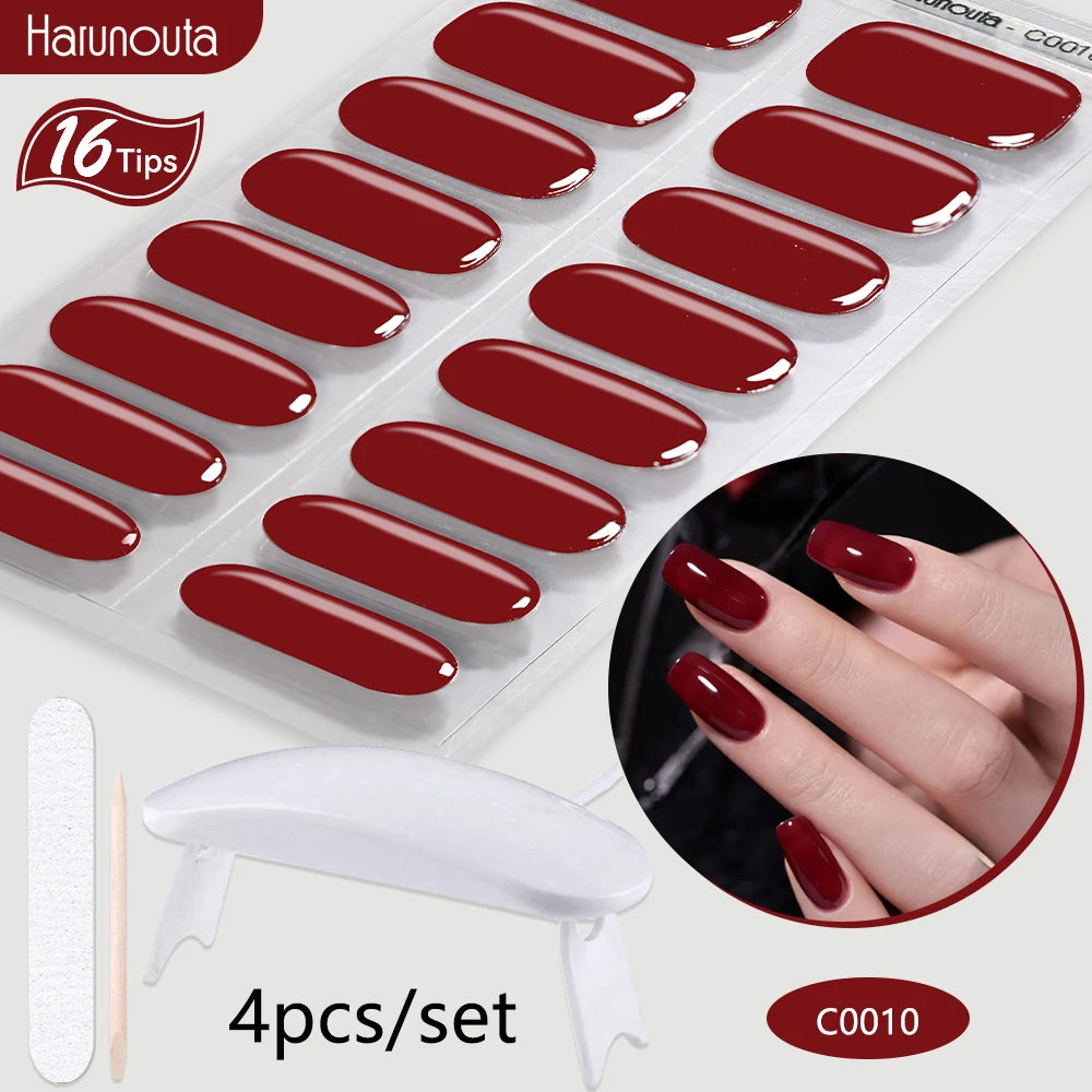 Harunouta 4pcs/set Gradient Jelly Semi Cured Gel Nail Strips with Nail Lamp Nude Pink Waterproof Nail Stickers Long Lasting Wrap