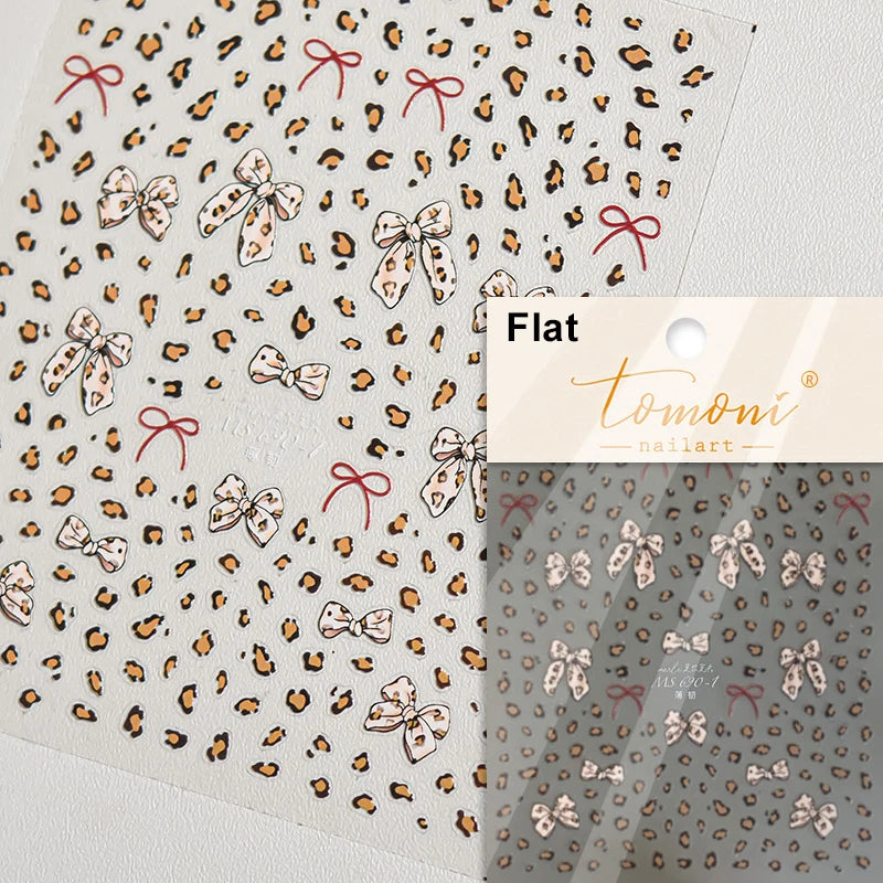 French Leopard Print Bowknot Lace Ribbon Rhinestone Pearl Bow Tie Simple White Black Nail Art Stickers Decoration Manicure Decal
