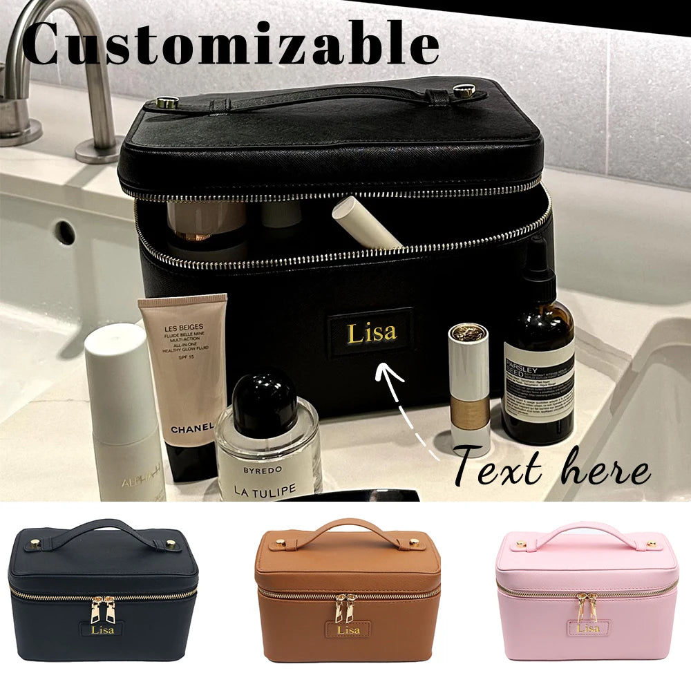 Customized name pu leather cosmetic bag with zoned storage and large capacity toiletry bag for autumn and winter new products