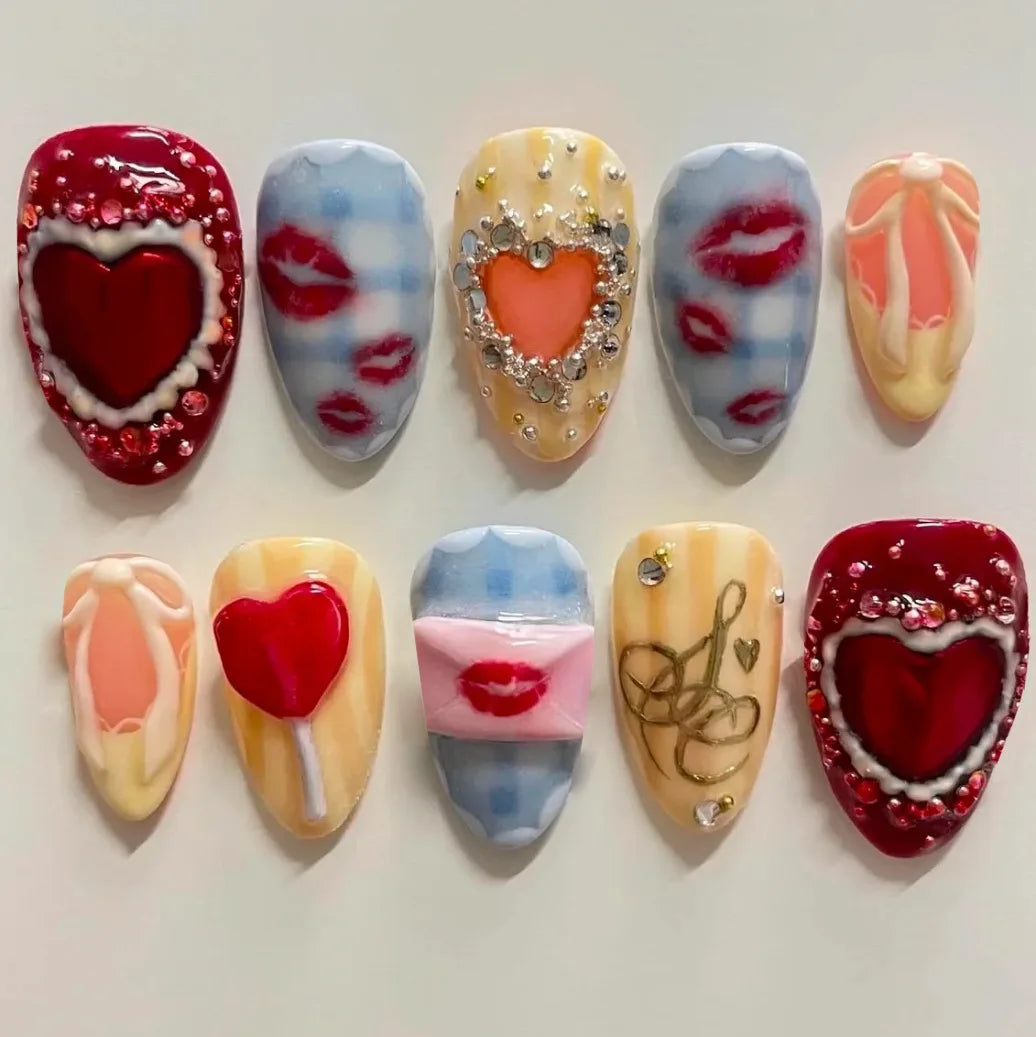 24PCS Wine Red Almond Press on Nails Cartoon Rabbit Bowknot with Plaid Pearl Designs French Fake Nails for Girls Detachable Nail