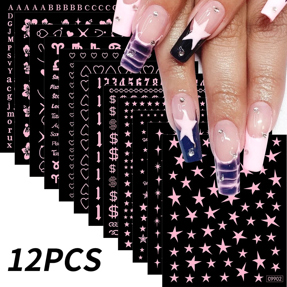 12pcs Bronzing Laser Star Nail Stickers 3D Alphabet/Heart/Flower Nail Art Self-Adhesive Sliders DIY Gradient Manicure Y2K Decals