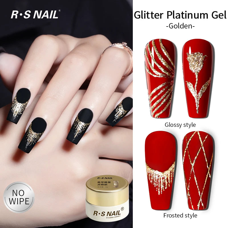 RSNAIL No Wipe Platinum Gel Nail Polish 8g Sparkle Painting Metallic Golden Silvery Liner Gel French Drawing Liner DIY Nail Art