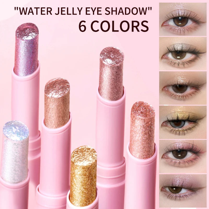 Water-Gel Eyeshadow Stick Is a Single-Swipe Makeup Highlighter Eyeshadow Stick with a Pearlescent Shimmer in Various Colors. Glowing Highlighter Eyeshadow Stick Is a Stick That Can Be Used on Both Eyebrows. The Waterproof Eff