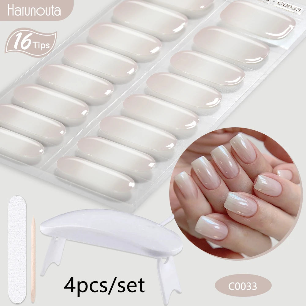 Harunouta 4pcs/set Gradient Jelly Semi Cured Gel Nail Strips with Nail Lamp Nude Pink Waterproof Nail Stickers Long Lasting Wrap