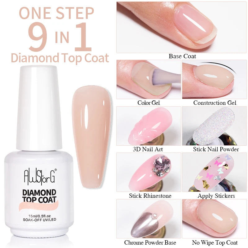 AWStorG 15ML Super Top Coat  Function Gel No Wipe Matte Top Gel Transparent Soak Off  UV LED NailArt Manicure Gel Varnish Primer