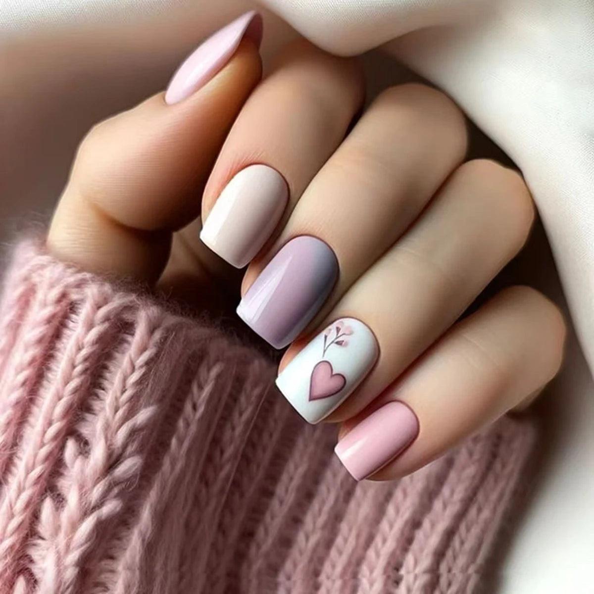 24 pieces of short square fake nails, featuring a halo dyed gradient heart and a colorful French design in European and American