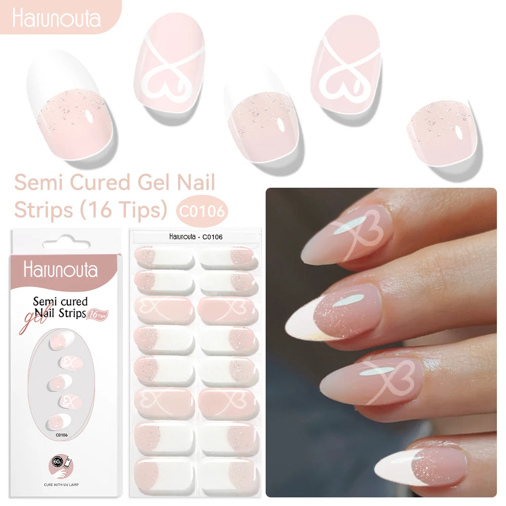 Harunouta 16strips Gradient Red Marble Gold Line Semi Cured Gel Nail Strips DIY Gel Polish Stickers for Nails Work with UV/LED