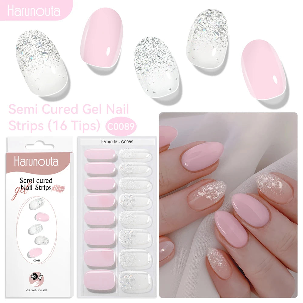 Harunouta 16strips Gradient Red Marble Gold Line Semi Cured Gel Nail Strips DIY Gel Polish Stickers for Nails Work with UV/LED