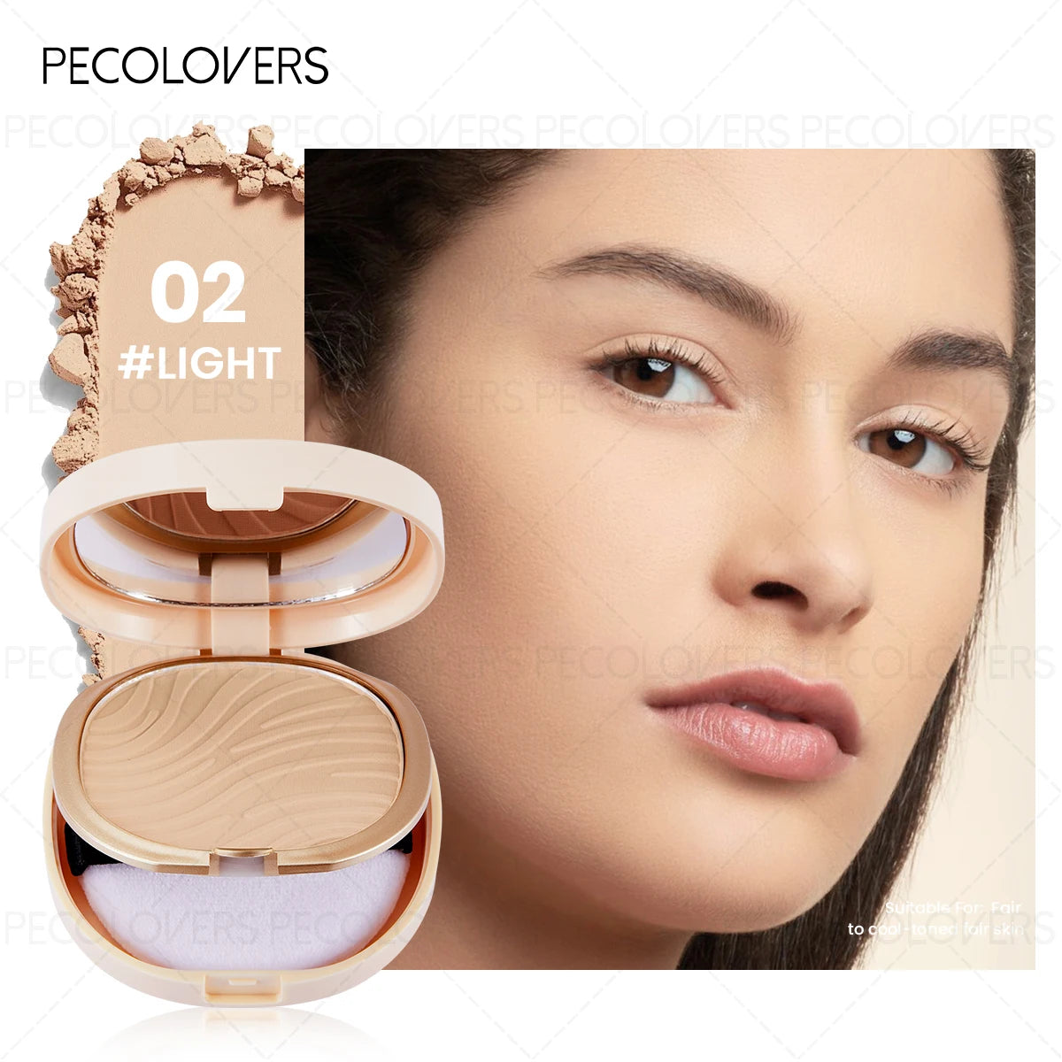 Pressed Powder Foundation, Waterproof, Matte Finish, Full Coverage, Non-Sticky, for All Skin Types, Light to Medium Tone