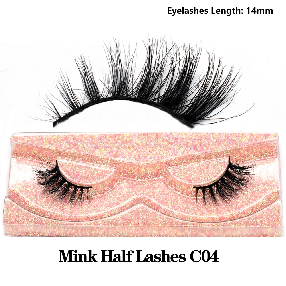 3D Mink Fluffy Half False Eyelashes Natural Soft Lightweight Clear Band Half Eye Strip Lashes Reusable Short Eyelashes Extension