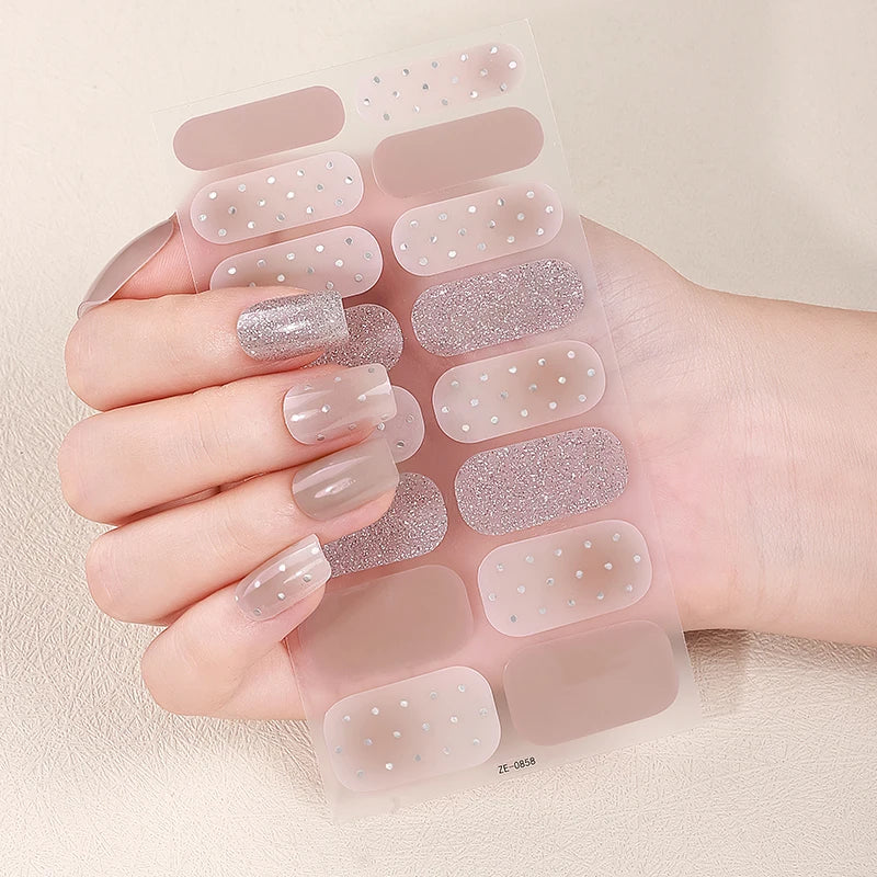 16Tips Sparkling DIY Baking-Free Nail Stickers French Nail Patch Full Cover Adhesive Nail Wraps Manicures Decoration Decal