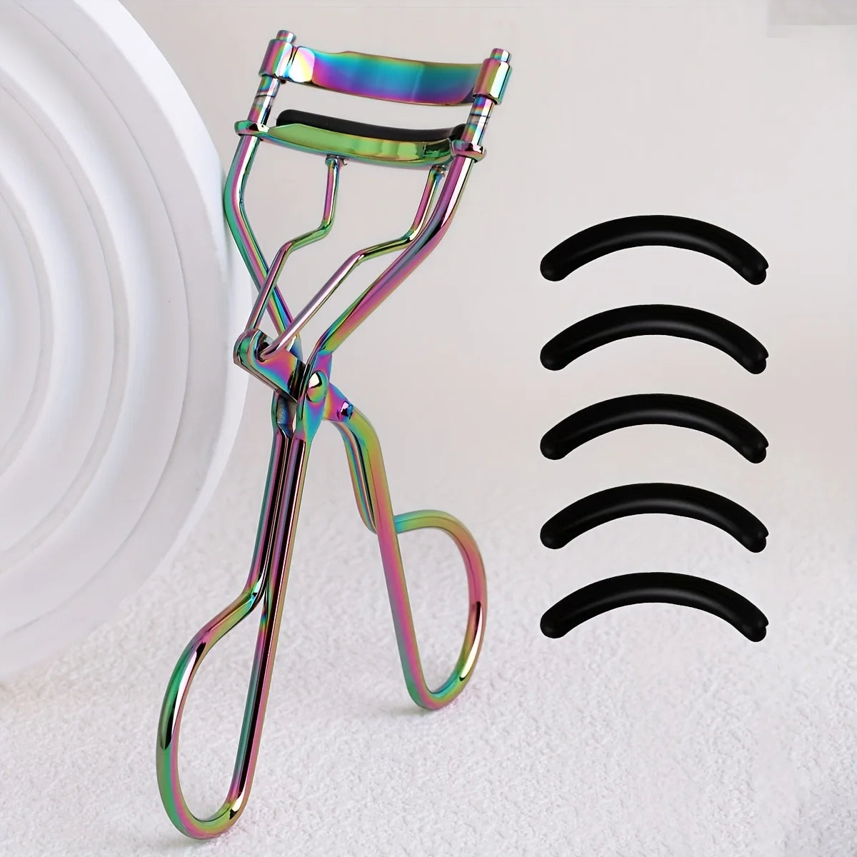 1 portable eyelash curler with 5 silicone pads, stainless steel eyelash curler, permanently shaping big eyes.