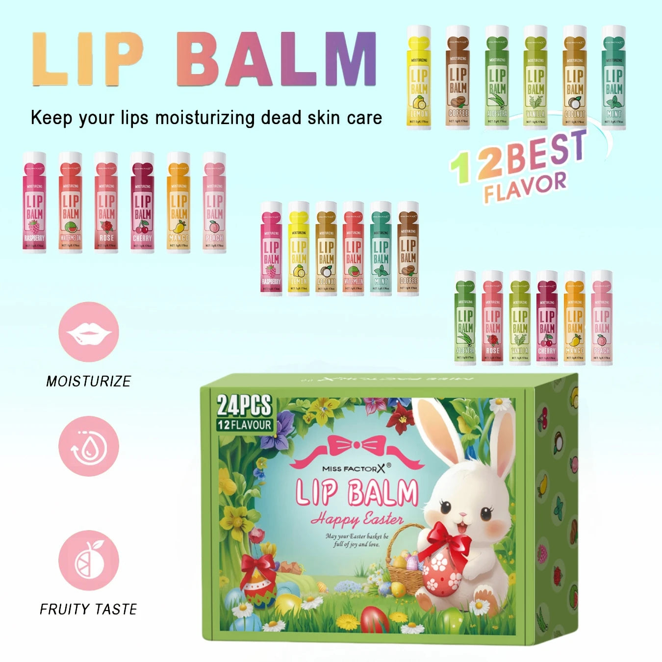 24PCS/box, Lip Balm Set, Moisturizing and Glossy, Easter Gift Set, Suitable for Dry Lips, Women's Gift Mother's Gift, Party Supp