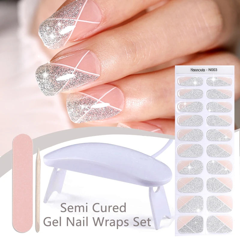 Harunouta 4pcs/set Gradient Jelly Semi Cured Gel Nail Strips with Nail Lamp Nude Pink Waterproof Nail Stickers Long Lasting Wrap