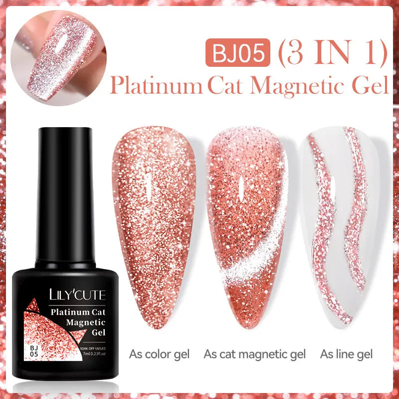 LILYCUTE 7ML 3 IN 1 Platinum Cat Magnetic Gel Nail Polish Silver Moonlight Magnetic Nail Sparkling Glitter Semi Permanent UV Gel