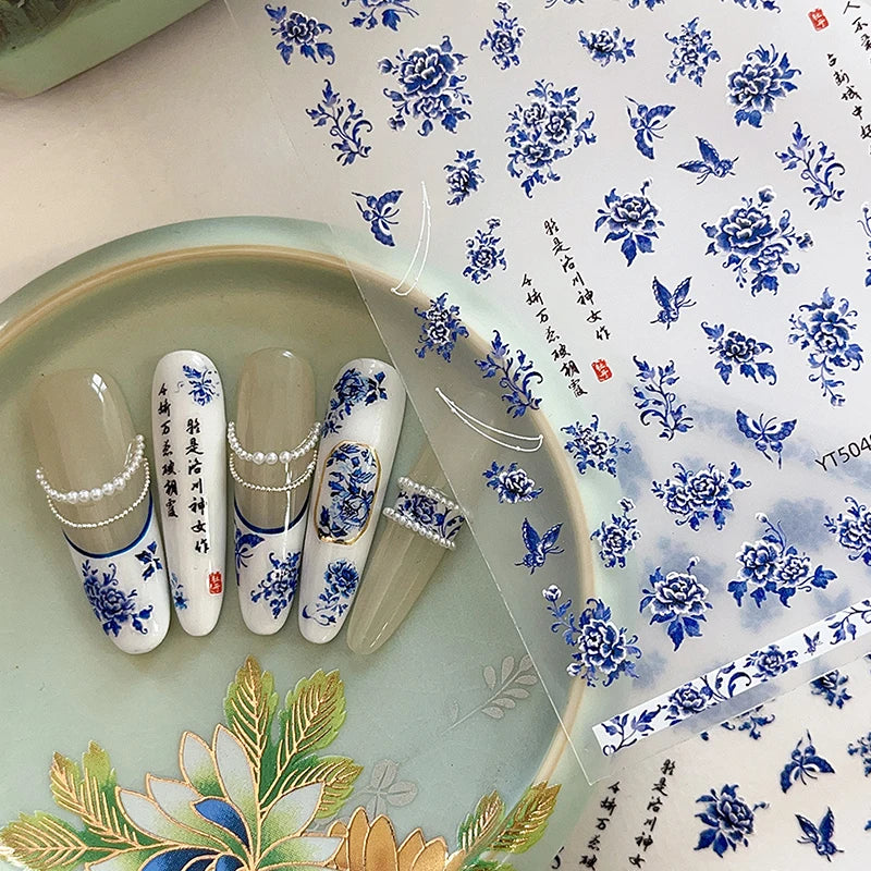 Blue White Porcelain Chinese Style Sticker 3D Self Adhesive Nail Art Sticker Flower Silverback Adhesive Manicure Decal Salon DIY