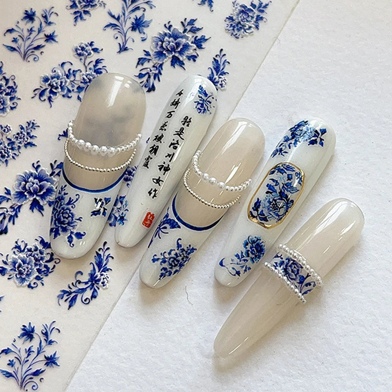 Blue White Porcelain Chinese Style Sticker 3D Self Adhesive Nail Art Sticker Flower Silverback Adhesive Manicure Decal Salon DIY