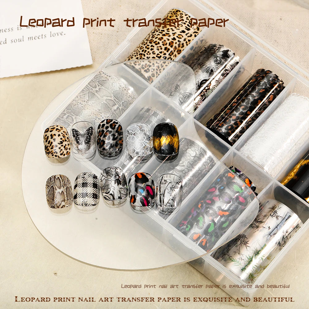 10 Rolls Water Soluble Leopard Print Transfer Paper Nail Transfer Foil Animal Printing Stickers Professional Nail Art Design