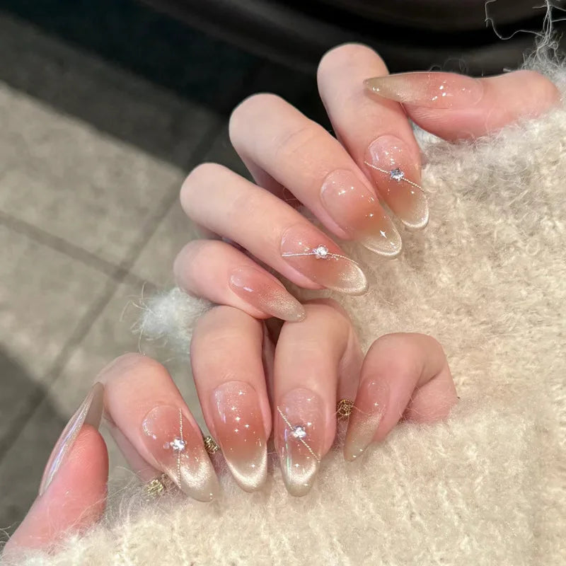 24Pcs Short Oval Head Blush Pink Press on Nails with Simple Designs Almond Nails Wearable Acrylic Full Cover Nail Tips with Glue