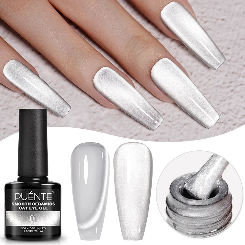 PUENTE 7.5ML Nude Shade Ceramic Cat Eye Gel Nail Polish Shiny Moonlight Cat Eye Gel Soak Off UV Semi-Permanent Nail Art Varnish