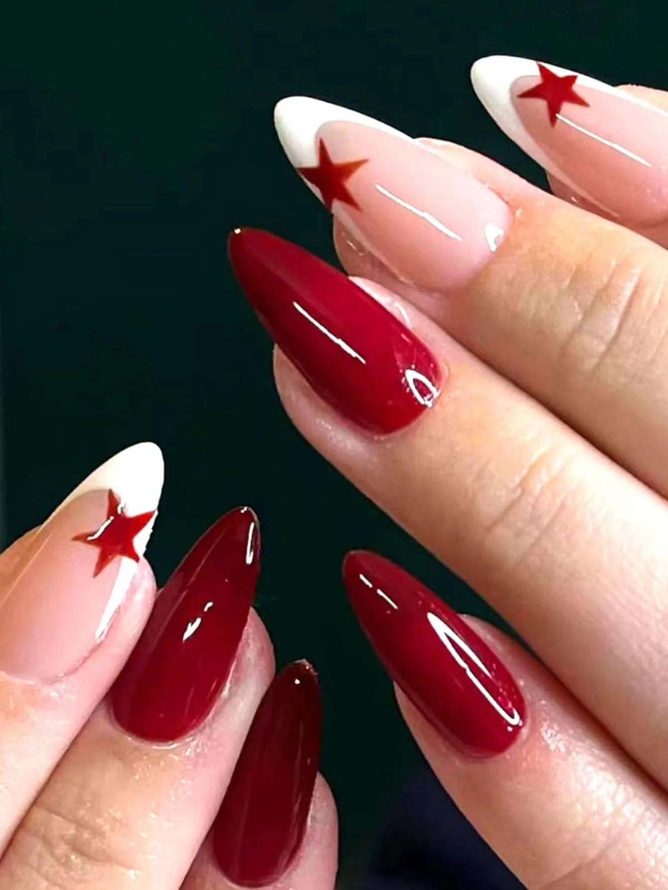ARTAUG 24PCS Medium Stiletto Pink Black French Tip Press On Nails Star Pattern Glitter Press On Nails