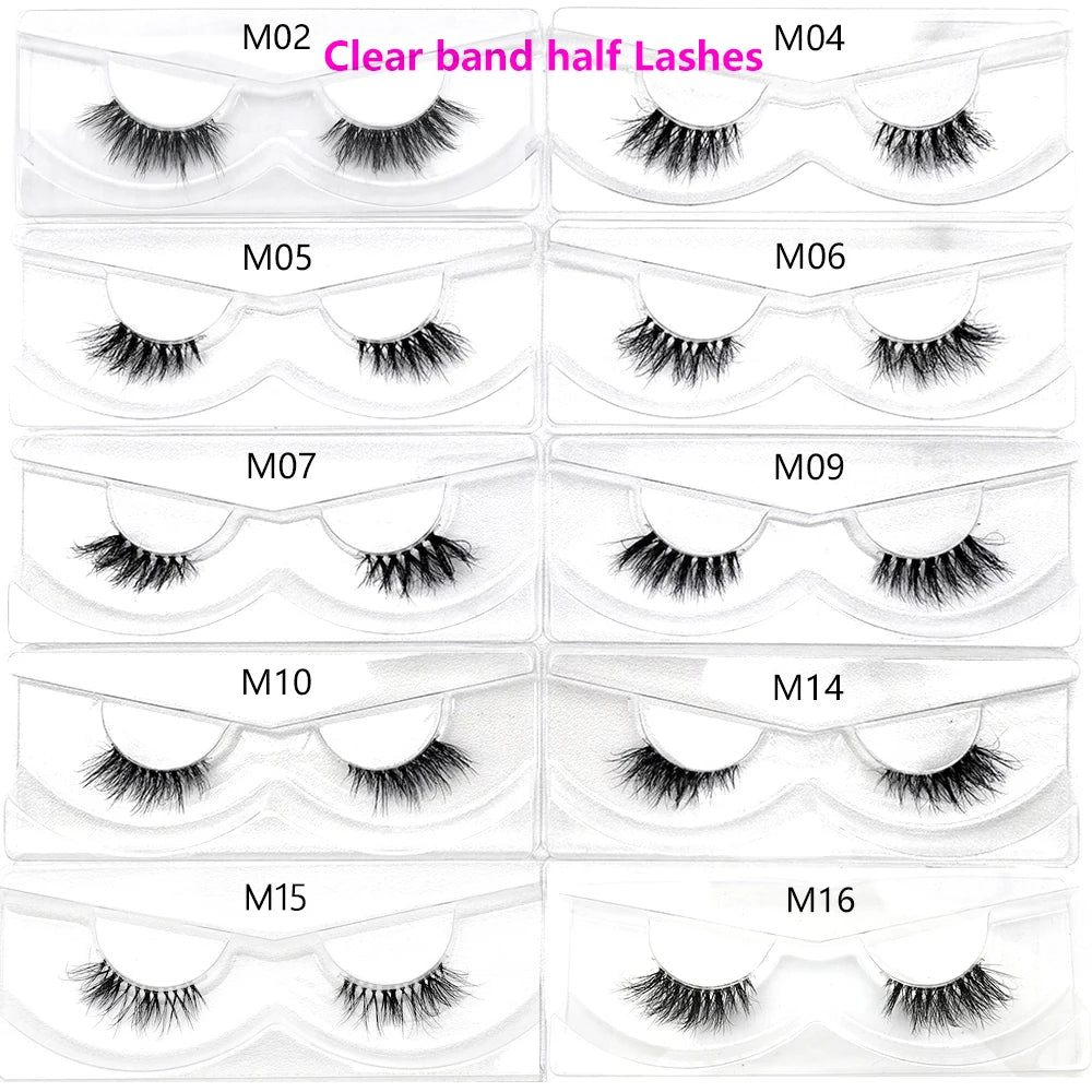 3D Mink Fluffy Half False Eyelashes Natural Soft Lightweight Clear Band Half Eye Strip Lashes Reusable Short Eyelashes Extension