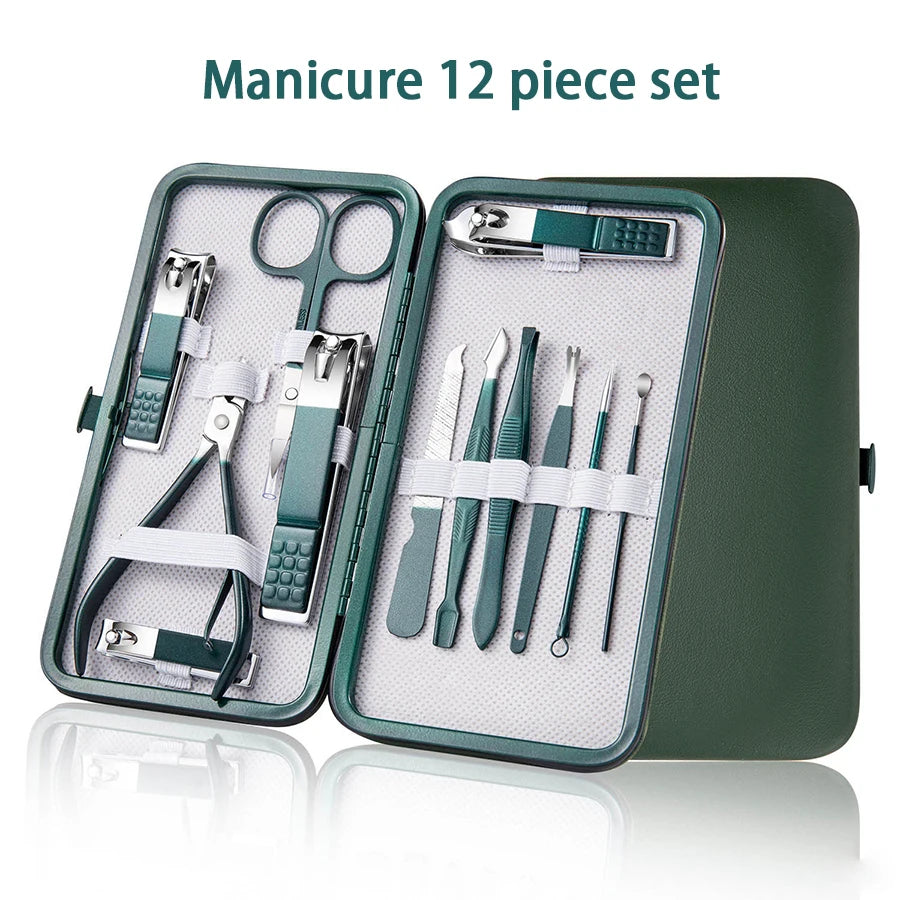 Green 6-18 Pcs Manicure Set With Leather Case Professional Foot And Face Care Tool Kits Stainless Steel Nail Clipper Sets Gift