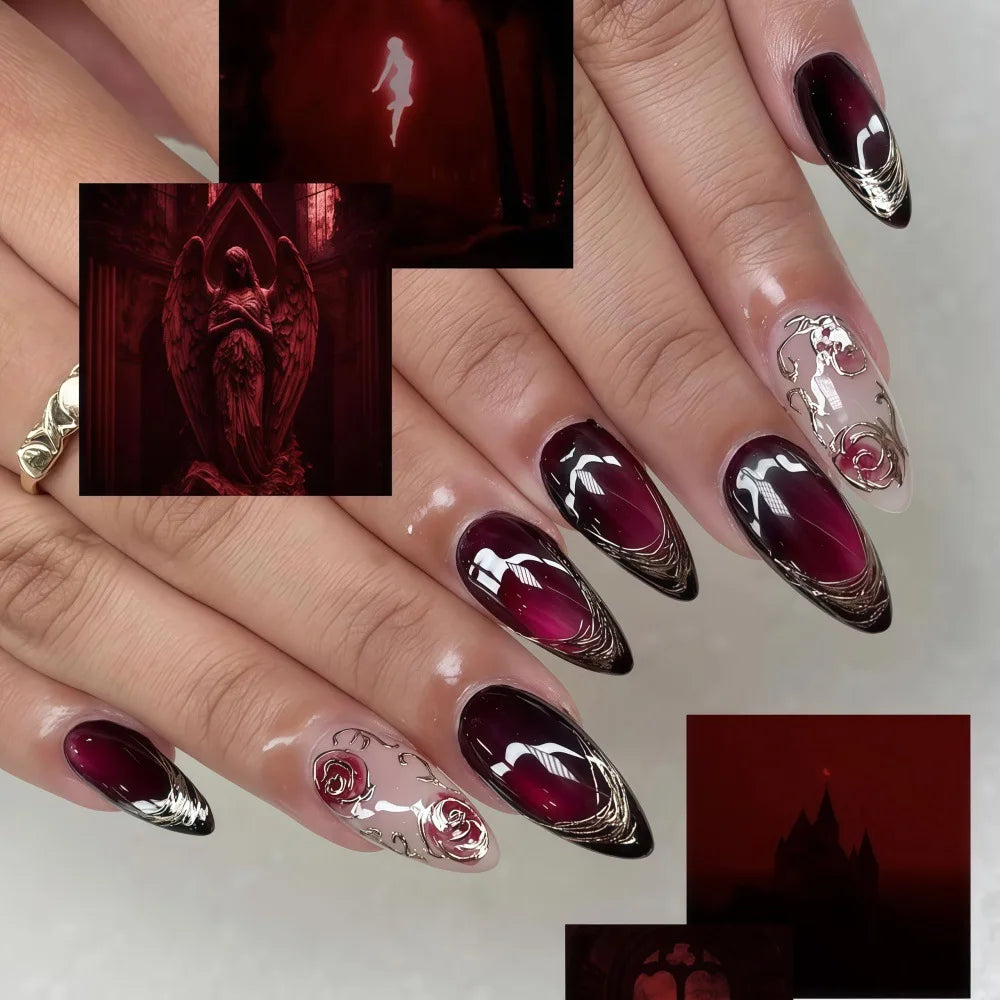 24PCS Wine Red Almond Press on Nails Cartoon Rabbit Bowknot with Plaid Pearl Designs French Fake Nails for Girls Detachable Nail