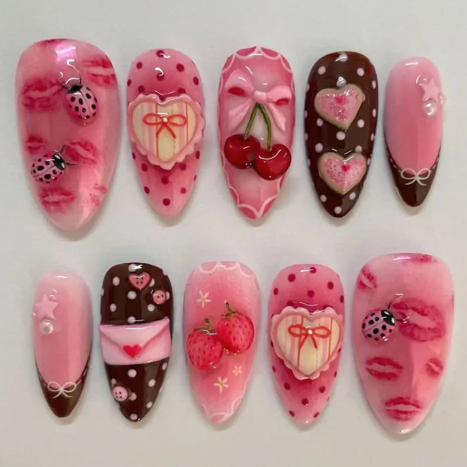 24pcs Flower Print Press on Nails Wine Red Blush Almond False Nail Tips Wearable Reusable Summer Spicy Girl Fake Nails