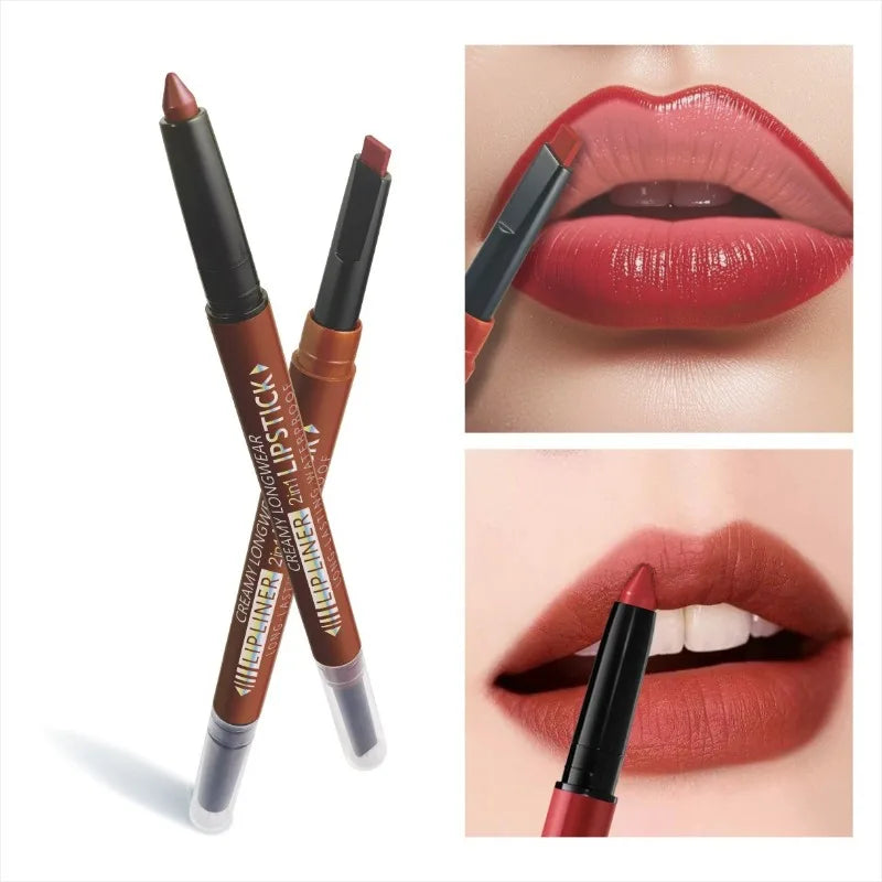 2-in-1 Lipstick & Liner Double Ended Matte Lipstick with Lip Liner, Waterproof & Long Lasting, Creamy Transfer-Proof Finish