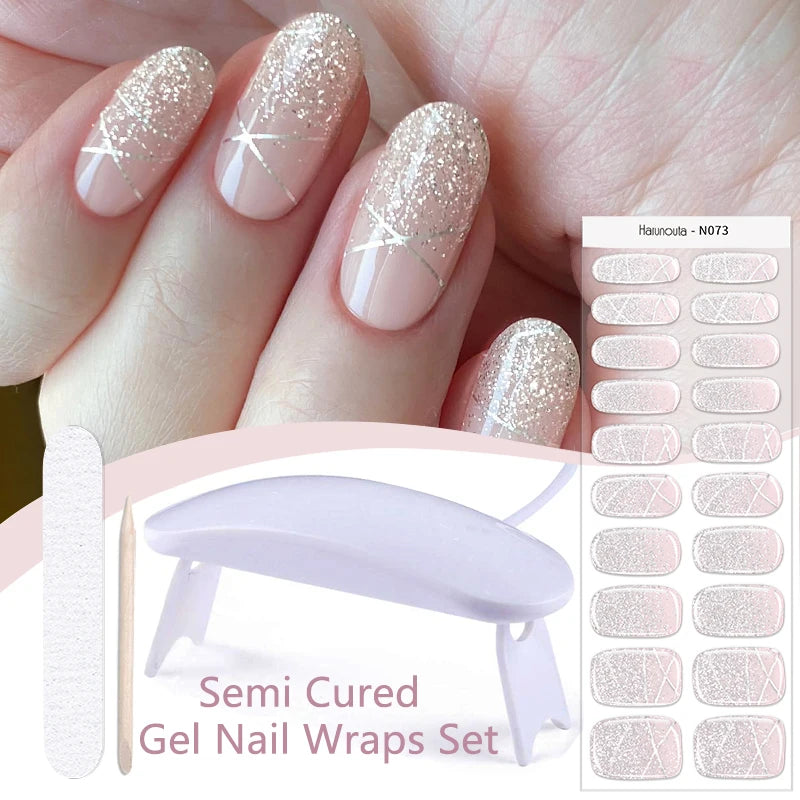 Harunouta 4pcs/set Gradient Jelly Semi Cured Gel Nail Strips with Nail Lamp Nude Pink Waterproof Nail Stickers Long Lasting Wrap