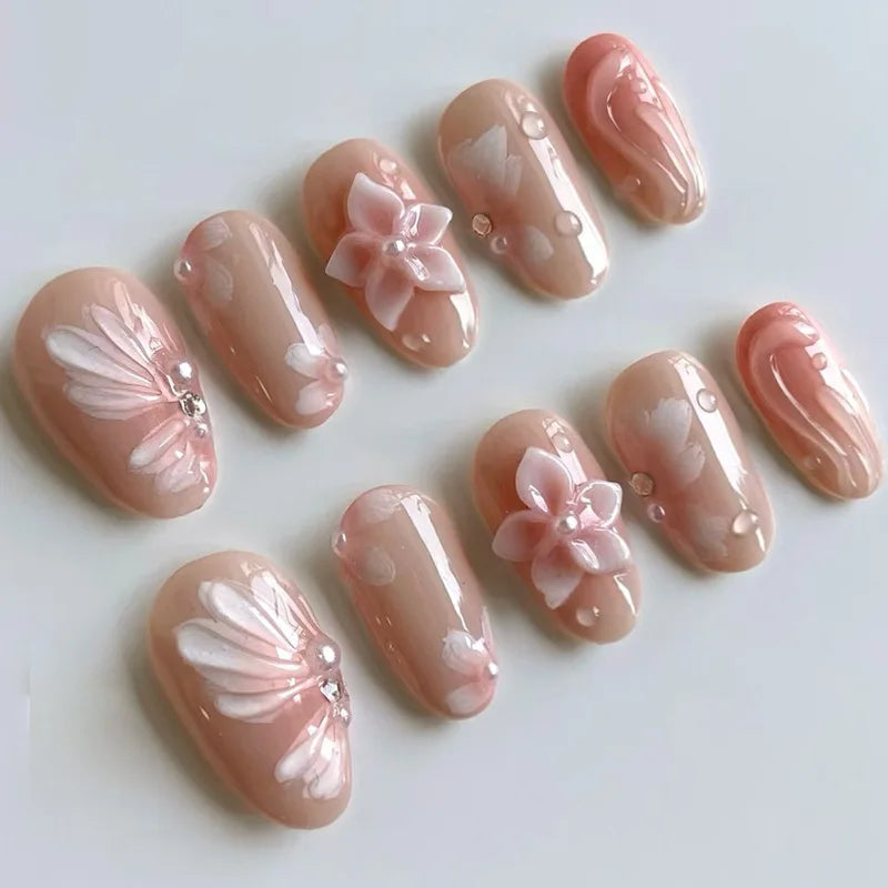 24Pcs 3D Strawberry Rabbit Flower Fake Nails Press on Mid-length Almond Wearable False Nails Green Gradient Pearl Manicure Tips