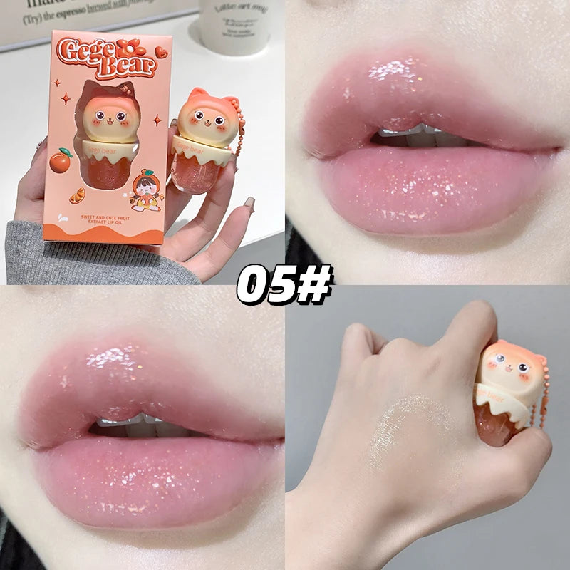 Gege Bear Cute Fruit-Flavored Lip Oil, Can be Key Pendant, Hydrating & Moisturizing Lip Balm for Lipstick Base, Reduces Lip Line