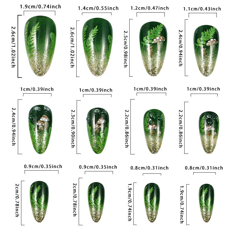 24pcs Glossy Almond False Nails Dark Green Forest Mushroom Pattern Press On Nails Gold Sequins French Style Wearable Fake Nail