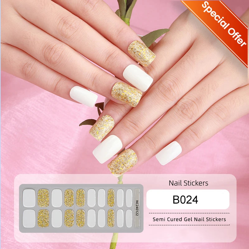 20Tips Gradient French Semi-cured Gel Nail Sticker UV Lamp Needed Full Cover Nail Gel Polish Wraps Manicure Press on Nails Decal